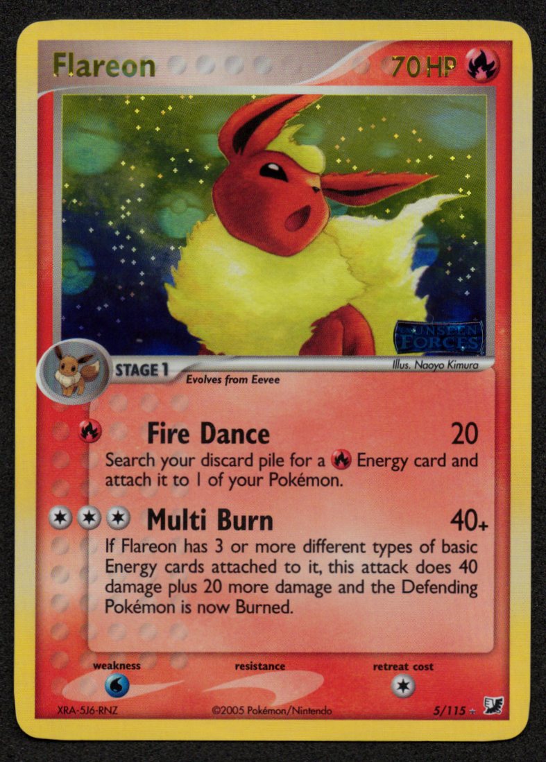Flareon Reverse Holofoil 5/115 (ERROR Upside Down Pokeballs) (NM) (EX Unseen Forces)