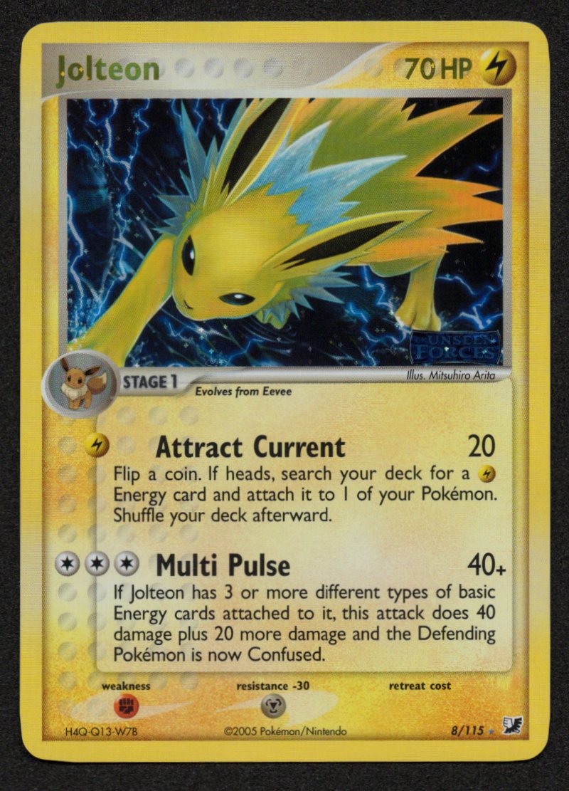 Jolteon Reverse Holofoil 8/115 (ERROR Upside Down Pokeballs) (NM) (EX Unseen Forces)