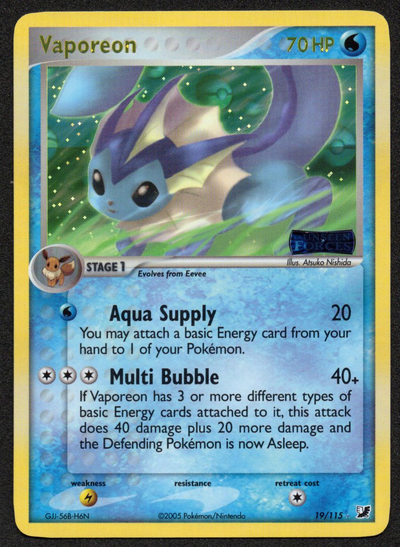 Vaporeon Reverse Holofoil 19/115 (ERROR Upside Down Pokeballs) (NM) (EX Unseen Forces)